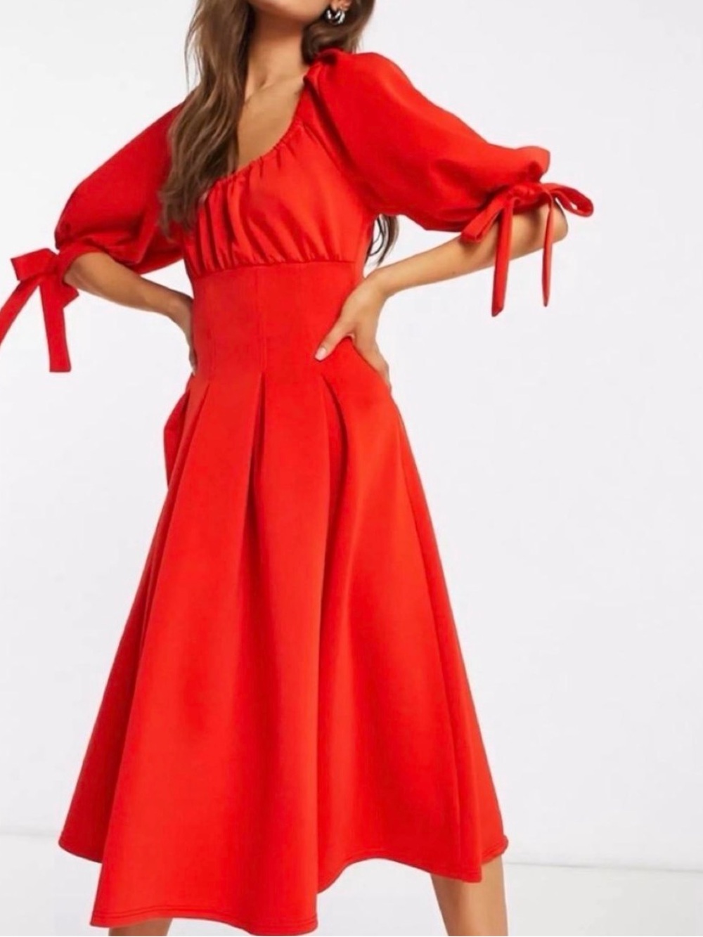ASOS Red Puff-Sleeve Midi Dress with Tie Cuffs